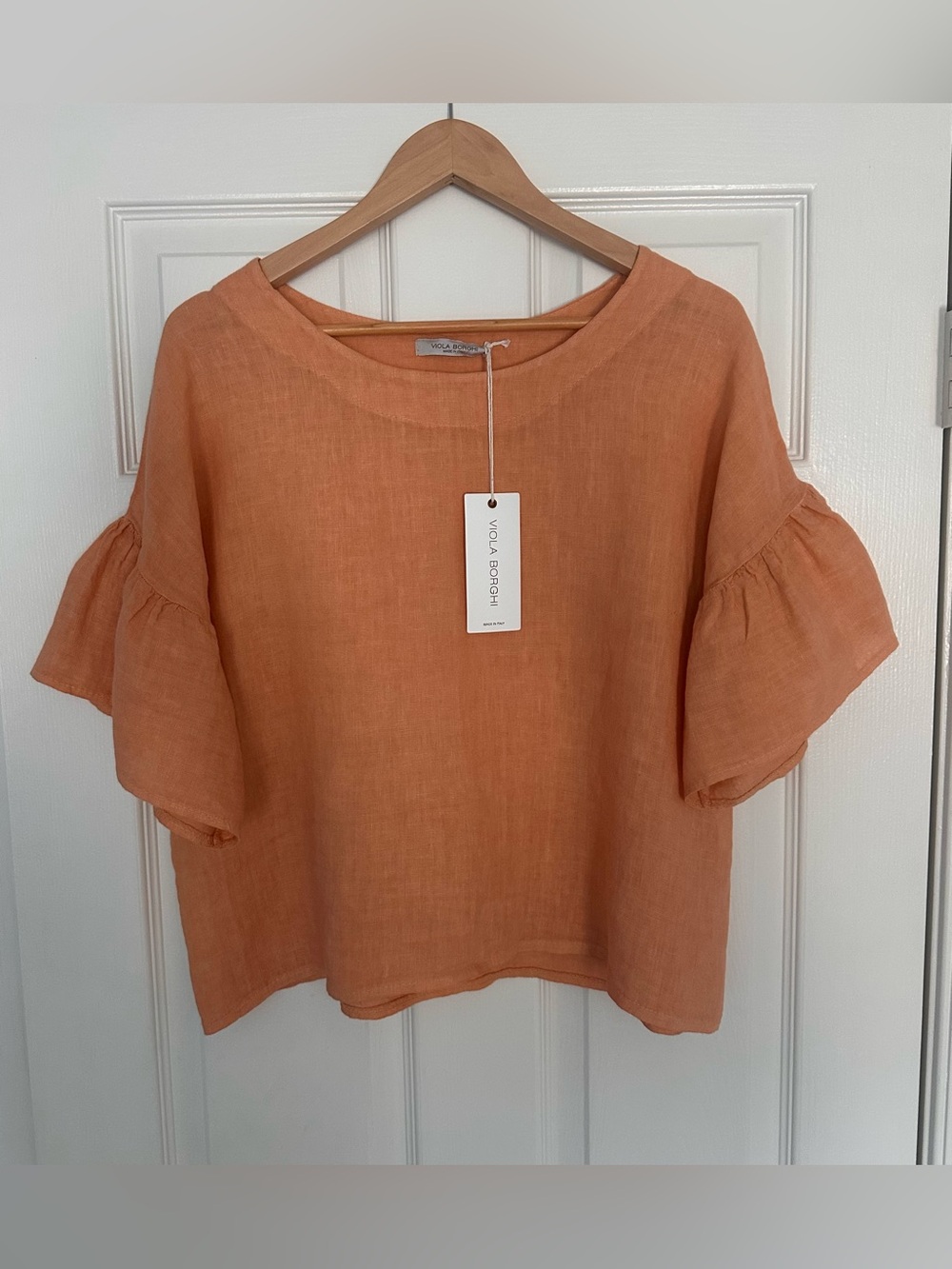 NWT Viola Borghi Made in Italy Orange Linen Ruffle Sleeve Top, Size M